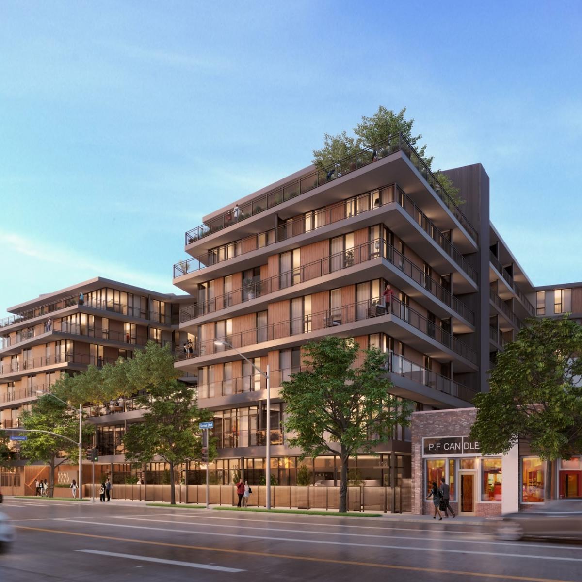 Tower crane arrives for new apartments rising at 2225 Sunset